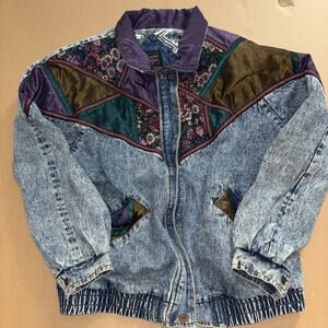Vintage 1980s Weathered Blues Floral Denim Full Zip Jacket Women’s Medium